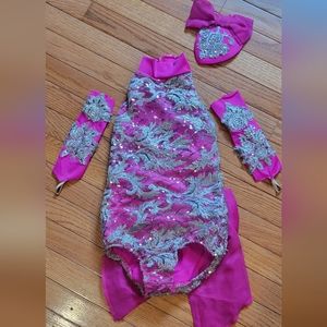 Custom Made Dance Costume Sz AXS PINK/ SILVER